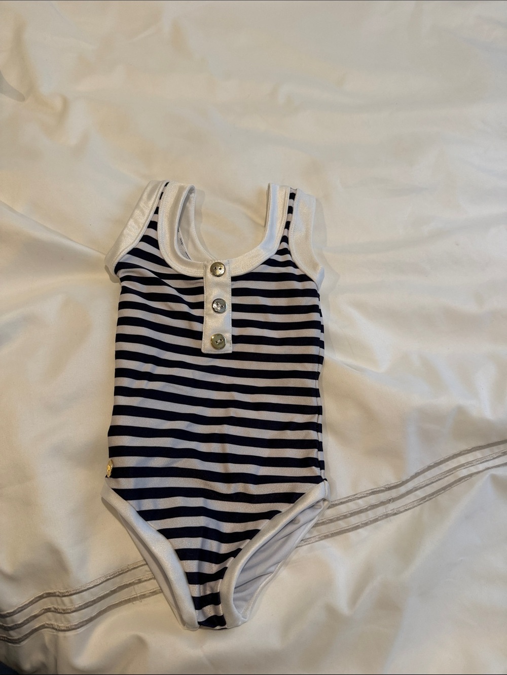Striped Navy & White Kids One-Piece Swimsuit with Button Placket